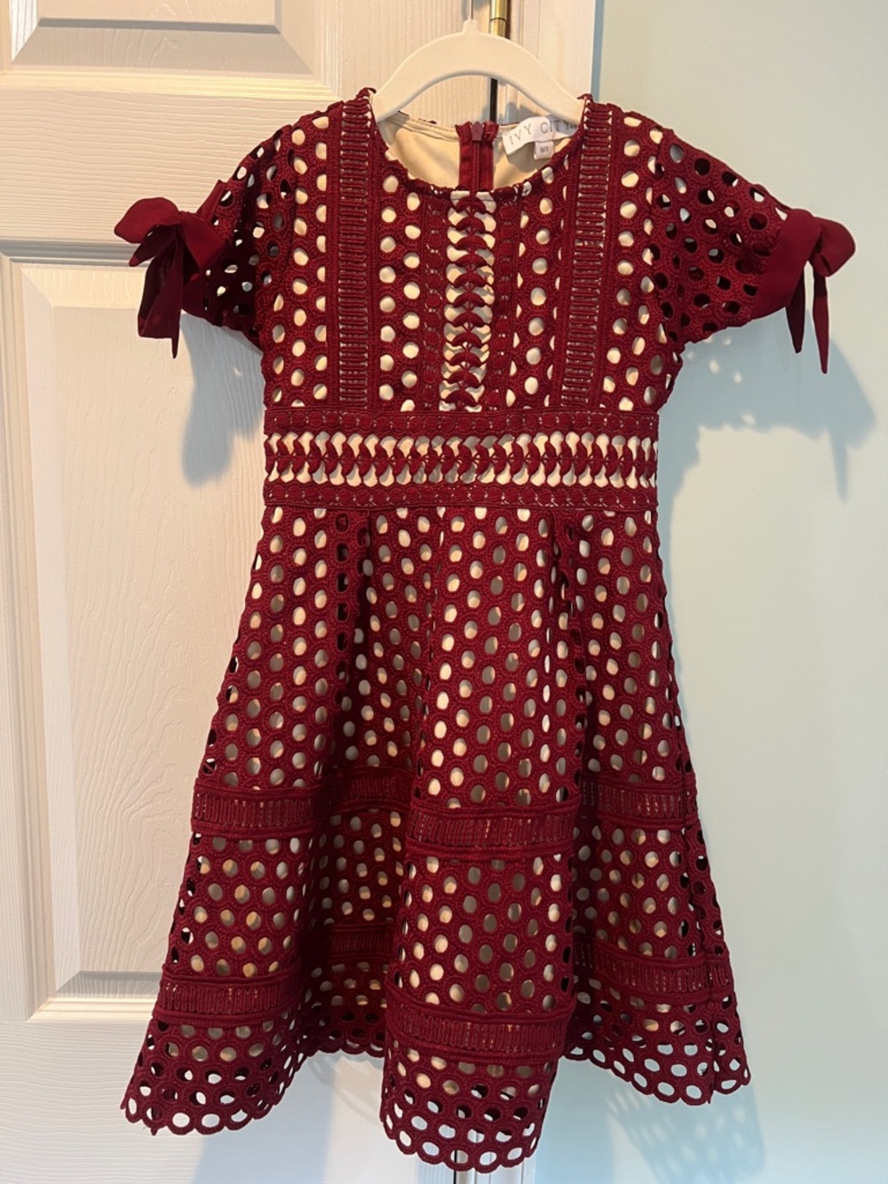 Ivy City Co Burgundy Eyelet A-Line Dress with Bow Sleeves